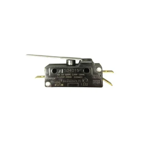 A close-up of a black mechanical microswitch with a metal lever arm, electrical pins on one side, and various technical markings.