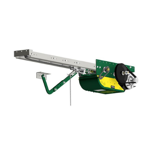 A mechanical device with metal and plastic components, including gears and a green and yellow motor housing.
