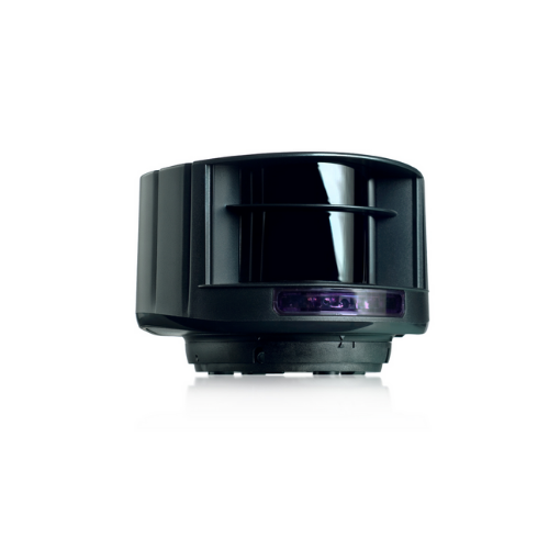 A black cylindrical radar sensor with a purple indicator light in the front, isolated on a white background.