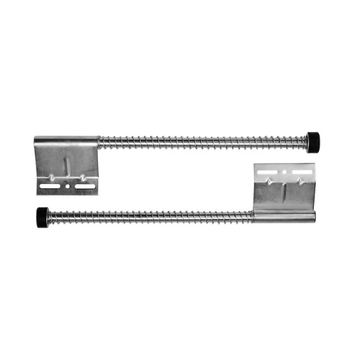 Two metal wall hooks with adjustable springs, designed to be mounted on a wall to hold objects.