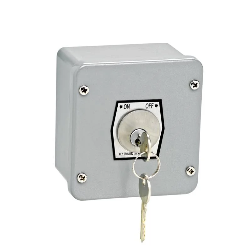 A gray electrical key switch with a key inserted, mounted on a gray metal box. The switch has options for ON and OFF and a note indicating a key is required for operation.