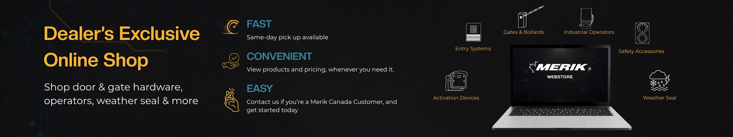 Digital graphic showing online shop services for Merik Canada, including shop door hardware, gate hardware, weather seals, accessories, and entry systems, with a laptop displaying the Merik logo.