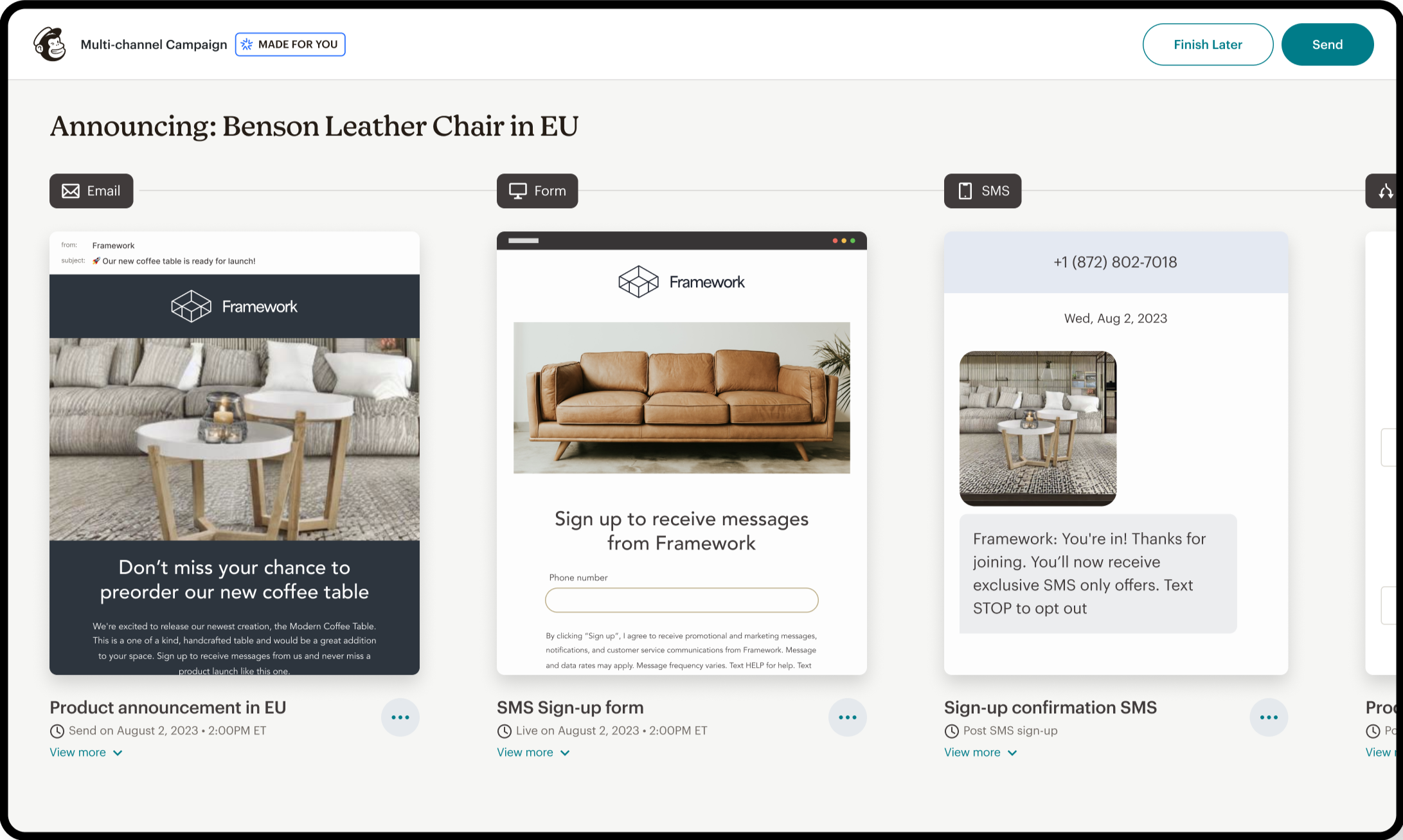 Screenshot of a multi-channel marketing campaign interface with email, form, and SMS options. The campaign announces a leather chair, featuring images of furniture and a sign-up form for receiving messages, with campaign details and dates.