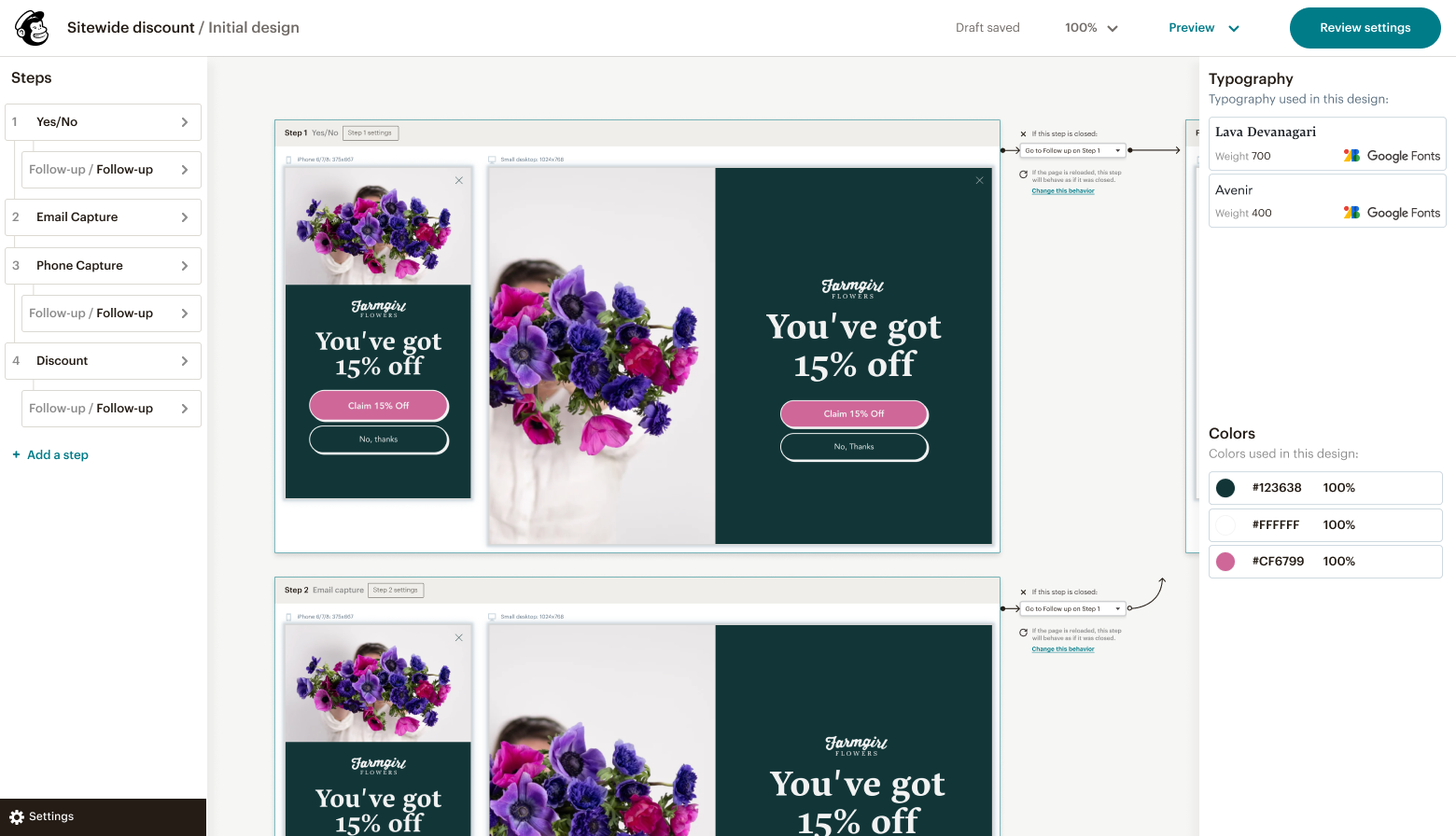 Digital interface showing a promotional offer for a flower shop, with buttons for claiming the discount and declining.