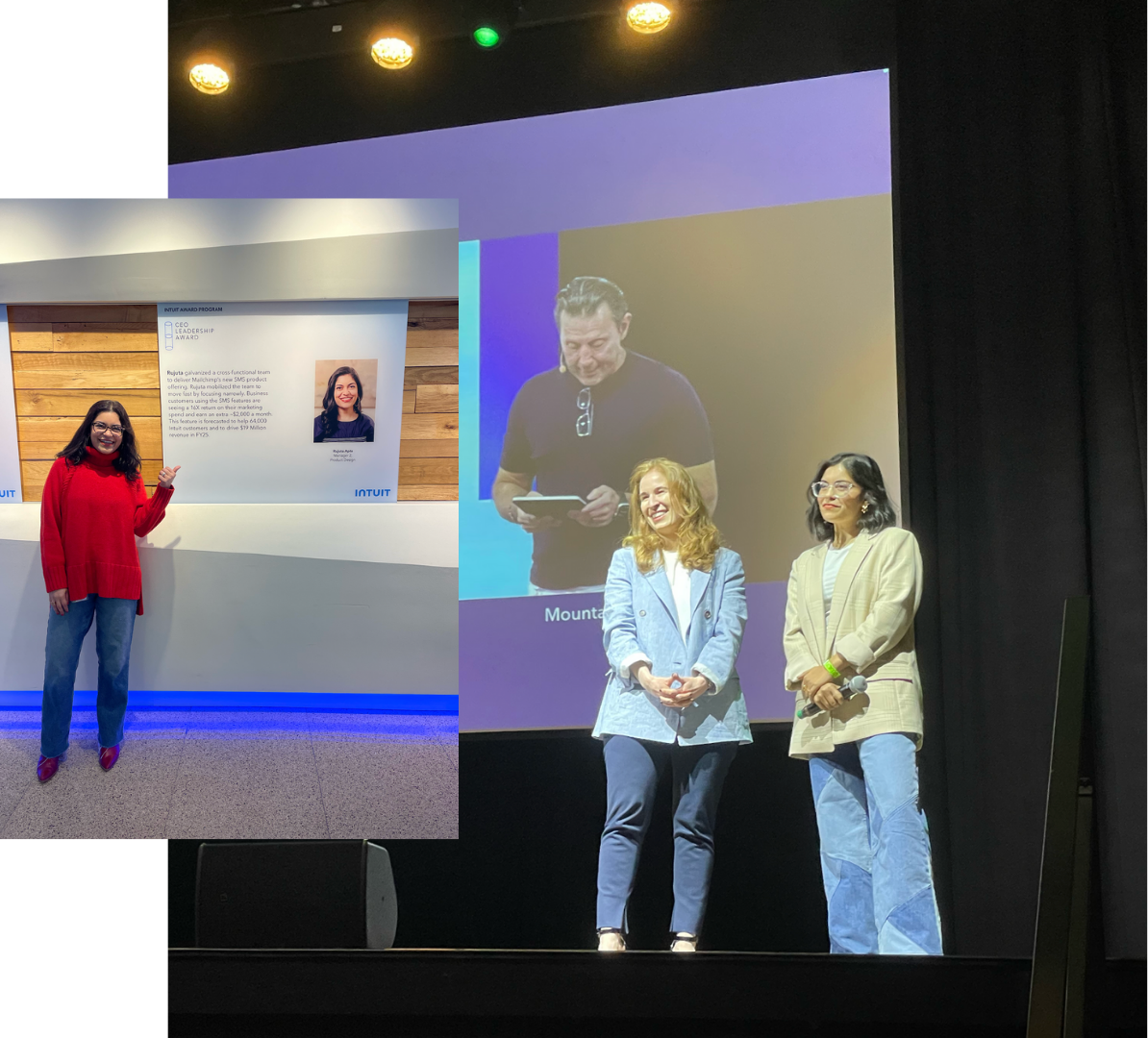 A woman in a red sweater and glasses standing in front of a display at an award event, pointing at it. In the background, two women are on stage, one holding a microphone, with a large screen behind them showing a man looking at a tablet. Another screen shows a profile of a woman with a description, indicating a formal presentation or award ceremony.
