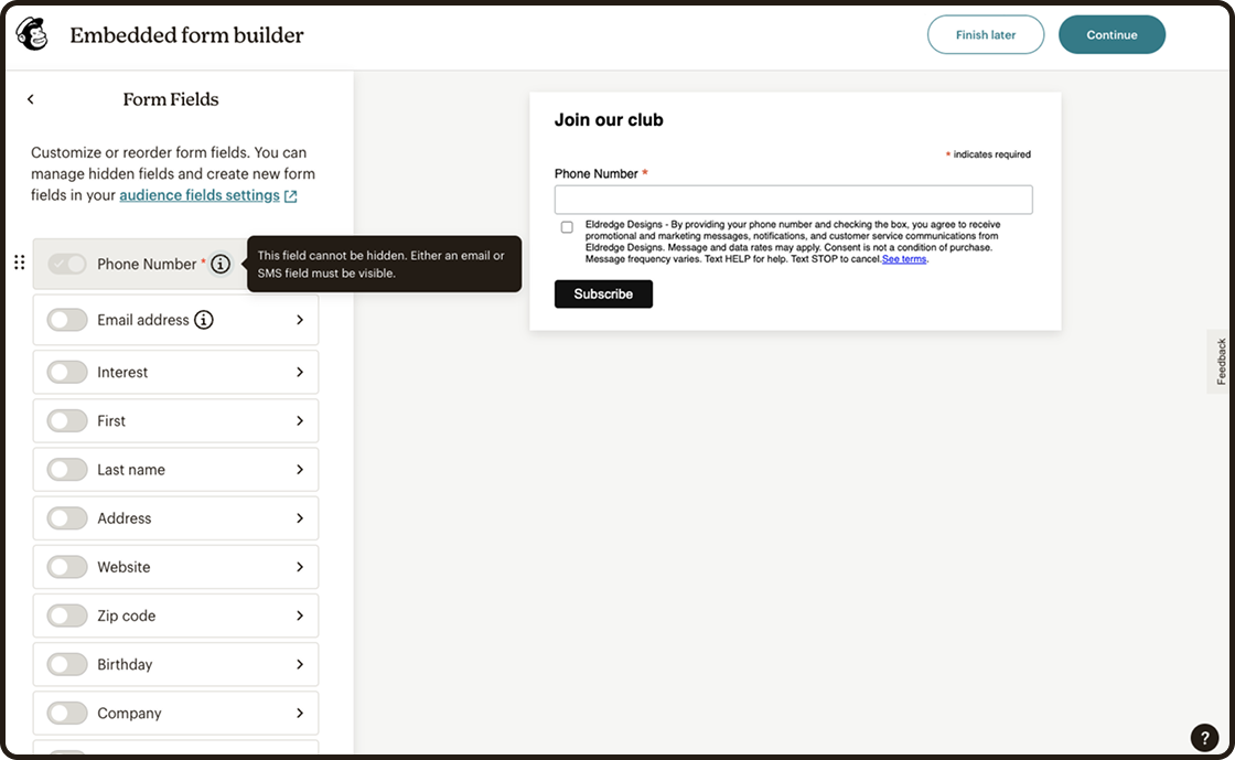 A simple web form builder, showing various toggle options for form fields On the right side, there is a preview of of the form.
