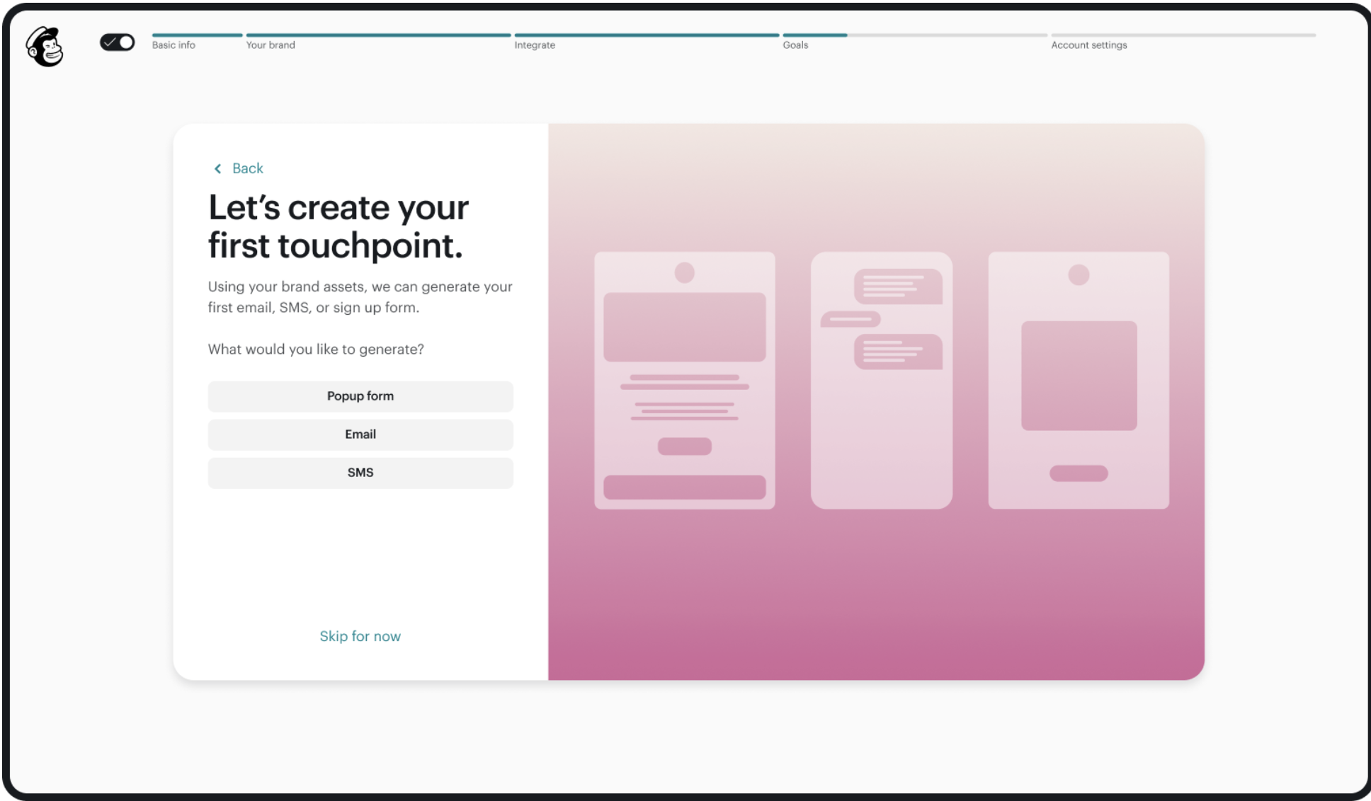 A user interface with options to generate a popup form, email, or SMS, featuring minimalistic design and mockup illustrations of mobile screens.