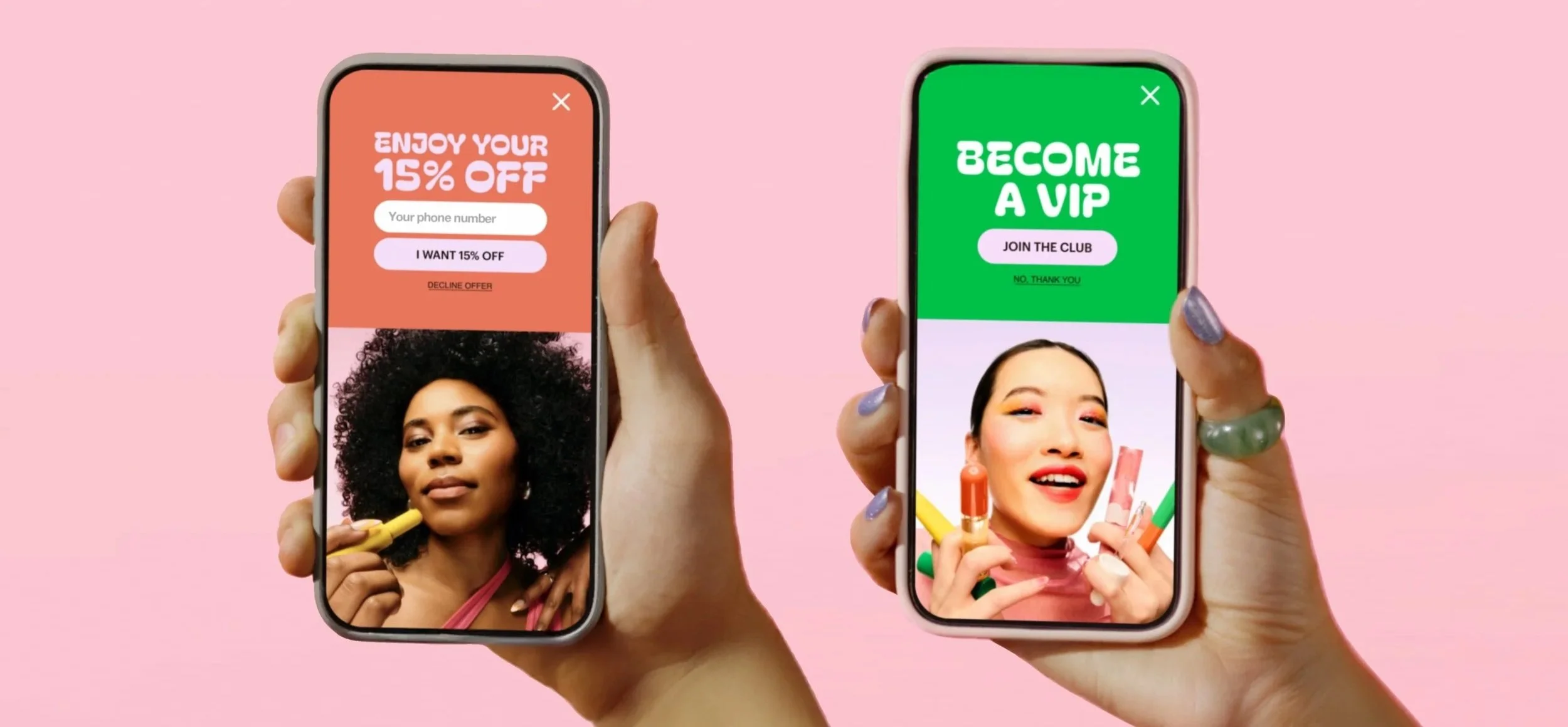 Two smartphones held in hands display colorful promotional pop-up offers for e-commerce health and beauty companies, on a pink background.