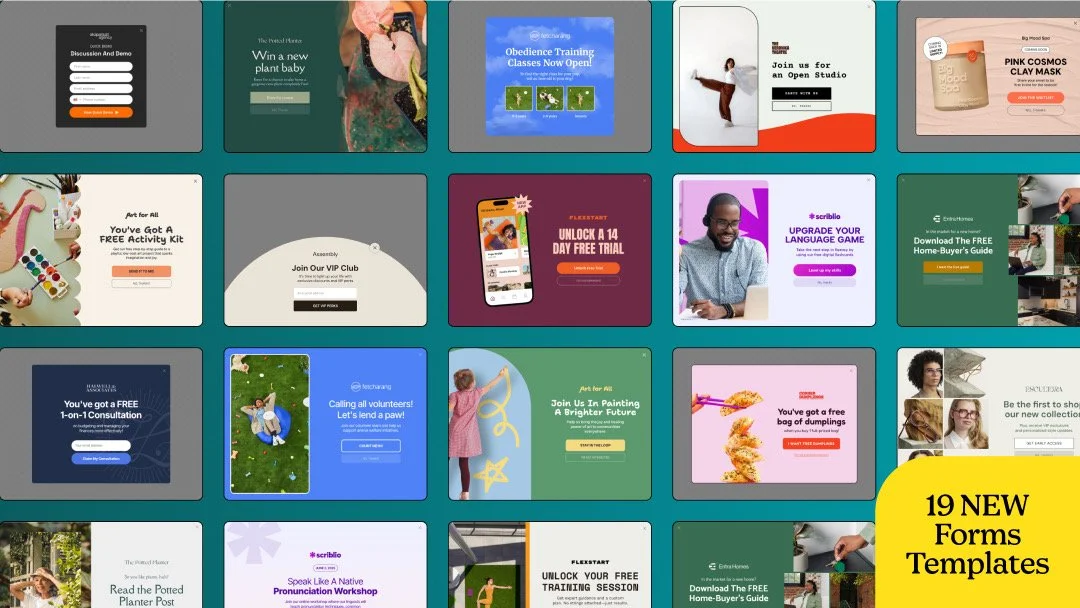 A digital collage of different online form templates for various services, including fitness classes, plant sales, art activities, membership sign-ups, free consultations, and special offers.