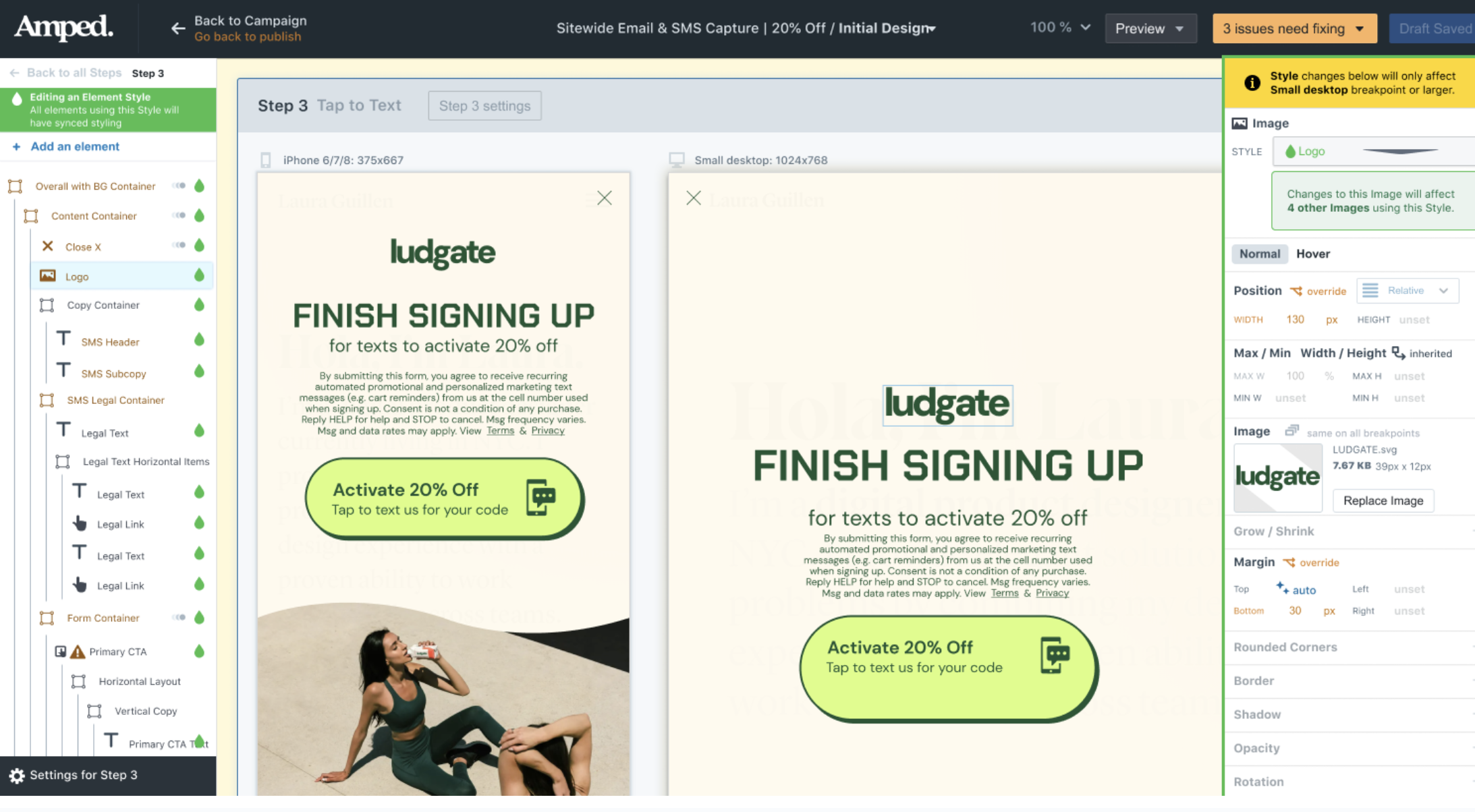 A sophisticated web form builder interface, showing a signup prompt offering a discount and call-to-action buttons.