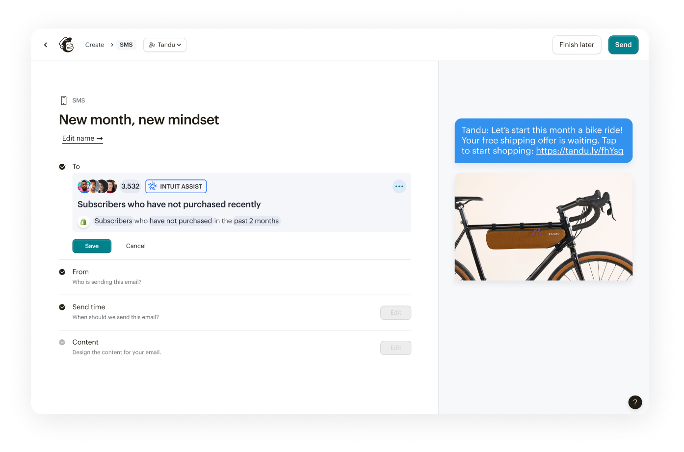 Email creation screen showing the design of AI generated recommendations for a customer creating an SMS campaign with a bike photo and promo.