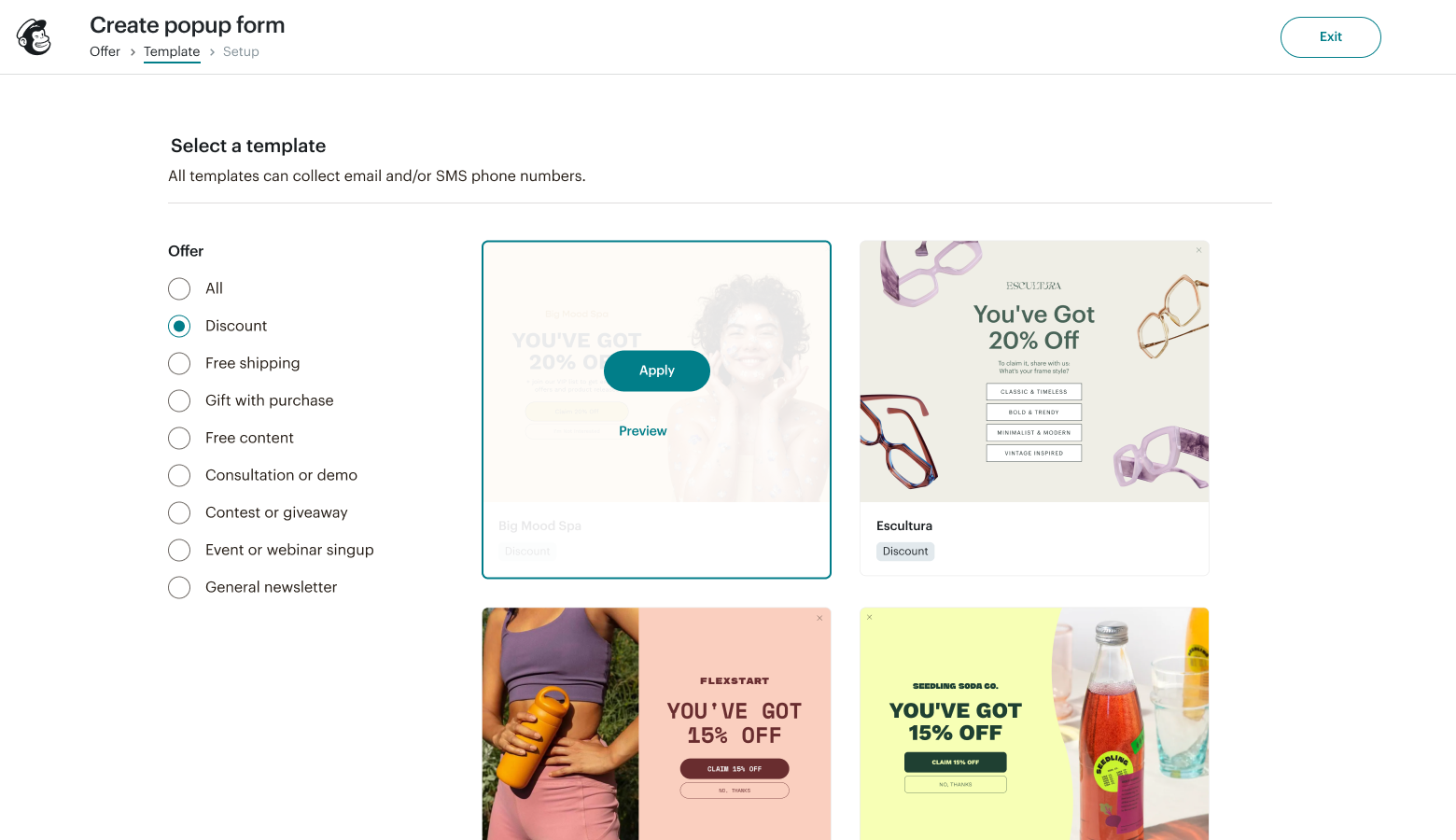 Screenshot of a web page for creating a popup form, showing a selection of templates with discounts and promotional offers, and a list of offer types on the left side.