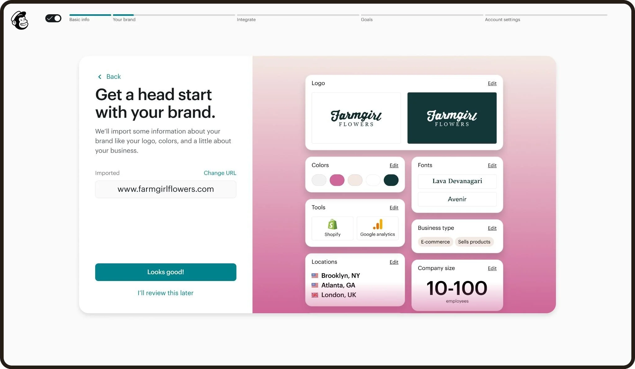 Setup for a company named 'Farmgirl Flowers.' The screen shows options to customize the logo, colors, fonts, a message saying 'Get a head start with your brand.'