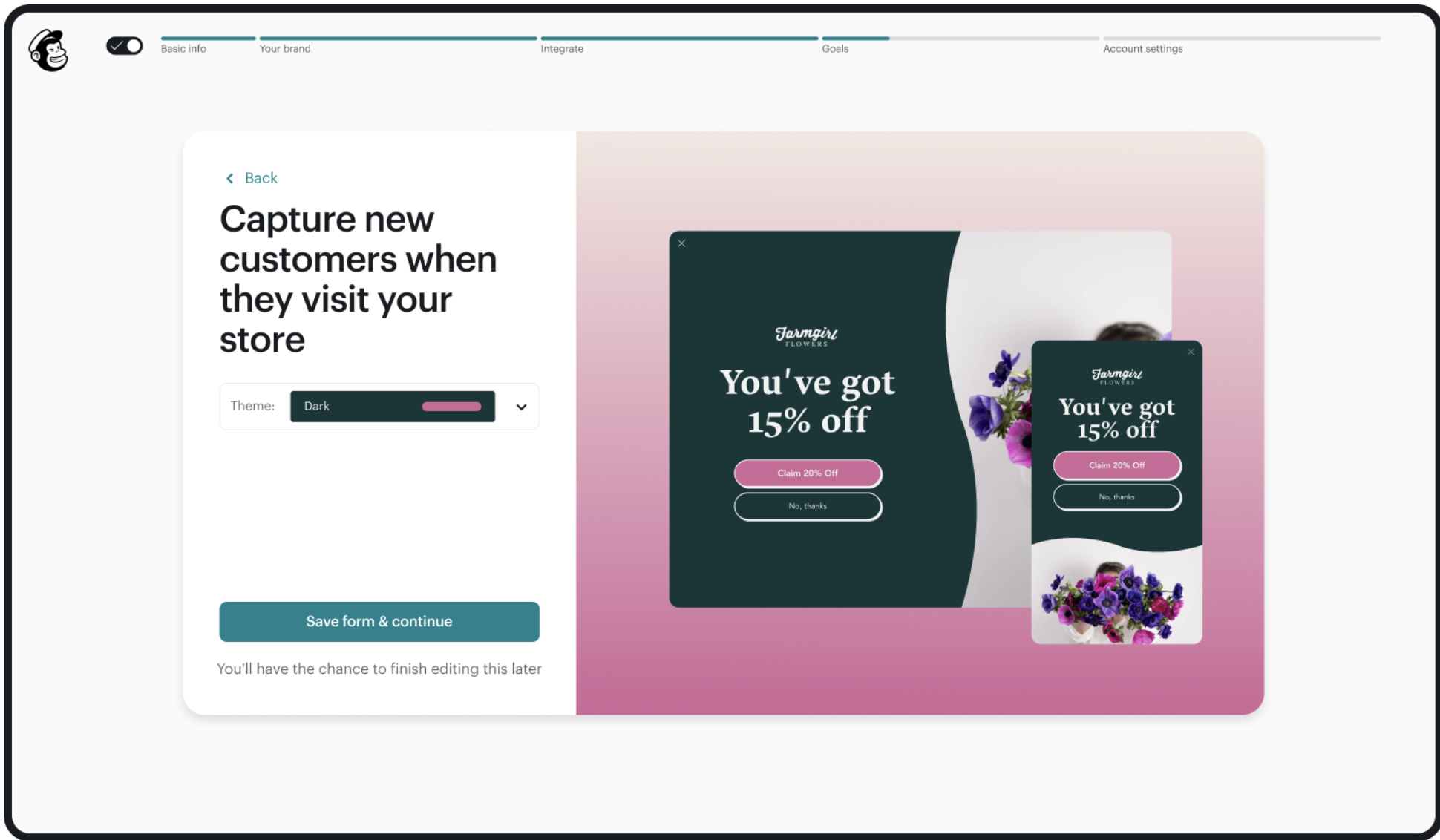 Mockup of a mobile app interface showing a pop-up offer for 15% off on flowers with options to claim 20% off or to decline.