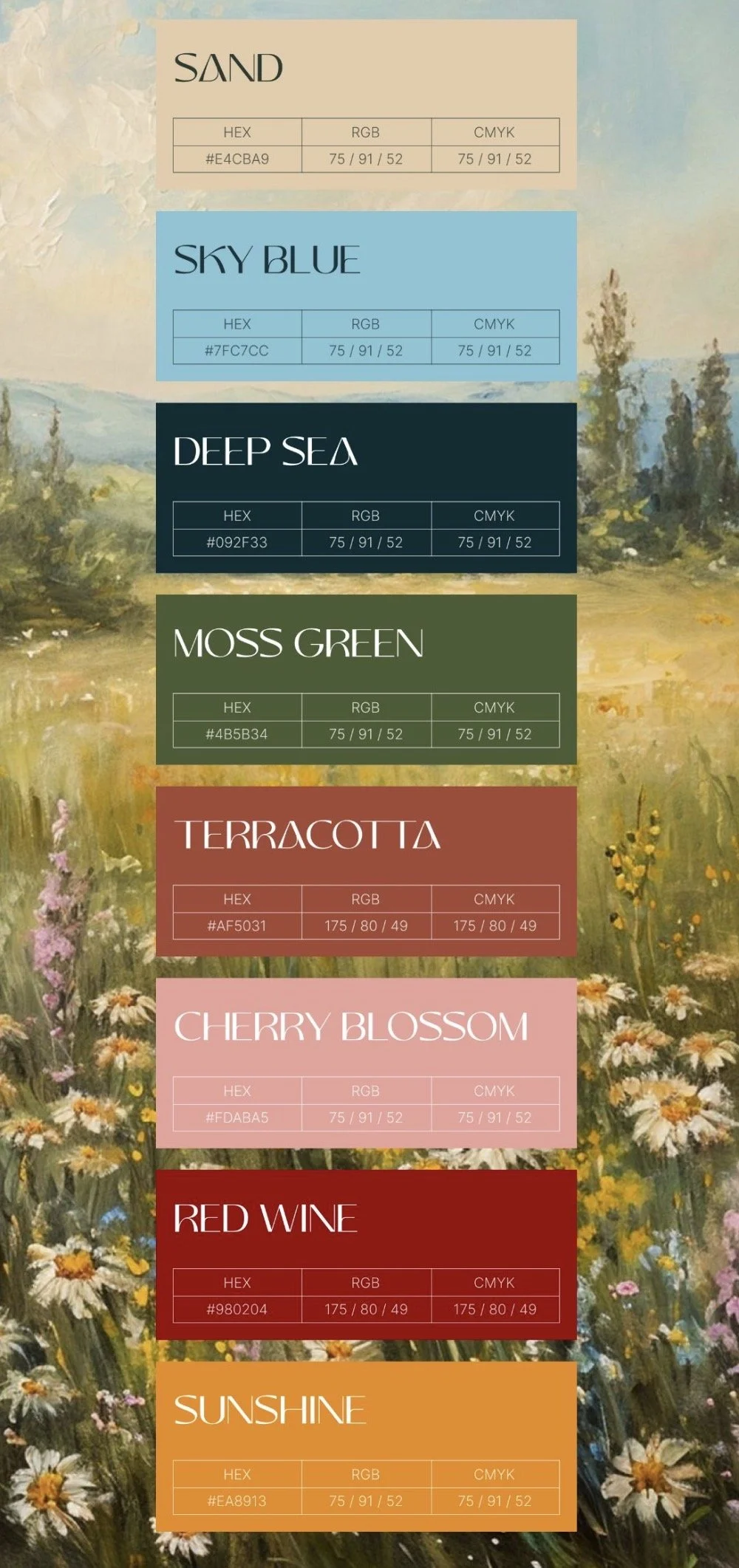 Schema con i nomi e codici di vari colori, incluso Sand, Sky Blue, Deep Sea, Moss Green, Terracotta, Cherry Blossom, Red Wine e Sunshine, su uno sfondo di paesaggio con fiori selvatici.