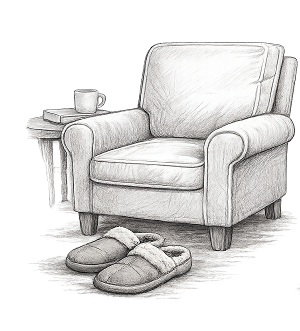 Sketch of a cozy armchair with slippers on the floor in front and a side table with a cup and books beside it.
