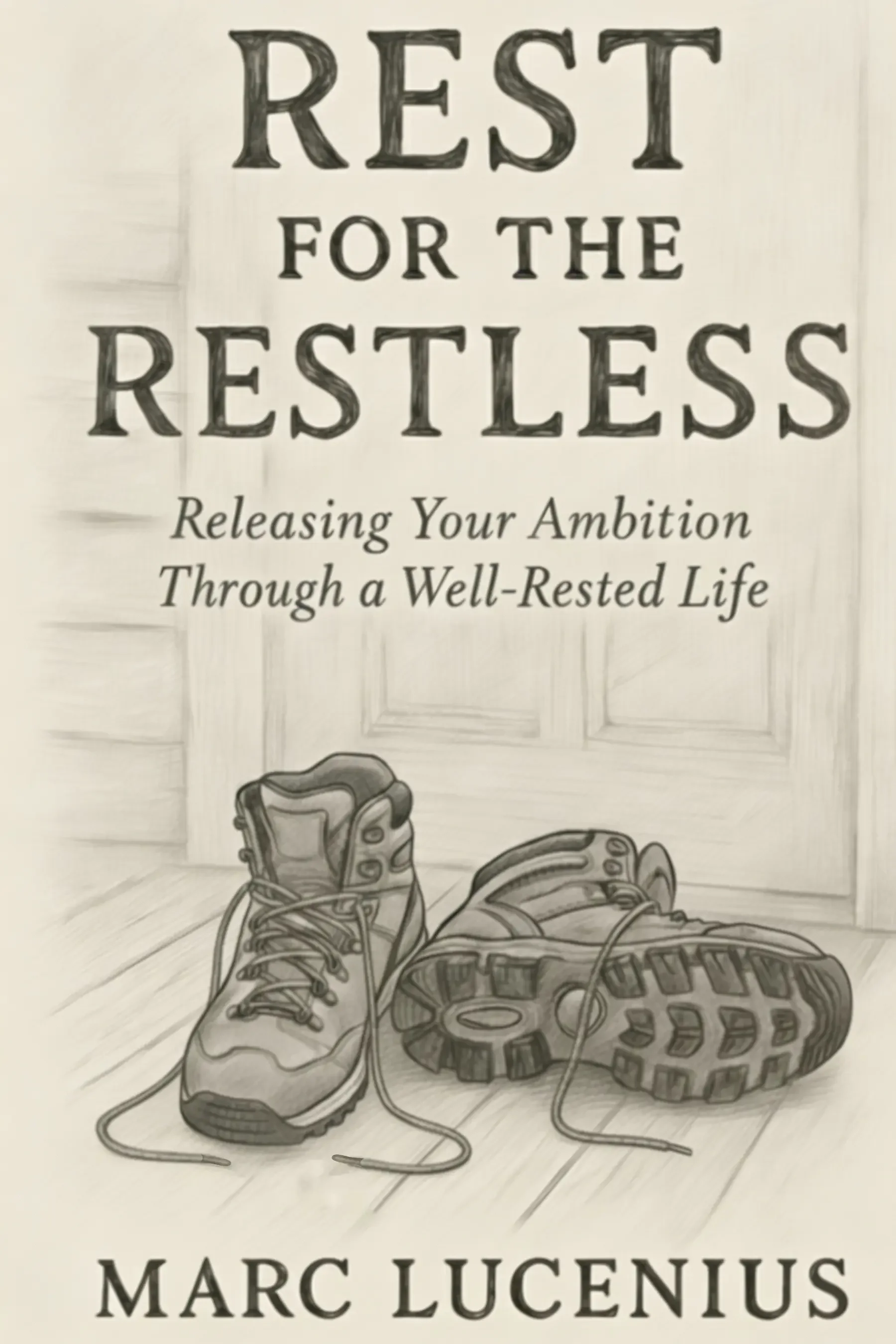 Book cover titled "Rest for the Restless" by Marc Lucenius. The subtitle reads "Releasing Your Ambition Through a Well-Rested Life." The cover features a drawing of a pair of hiking boots on a wooden floor, with a door in the background.