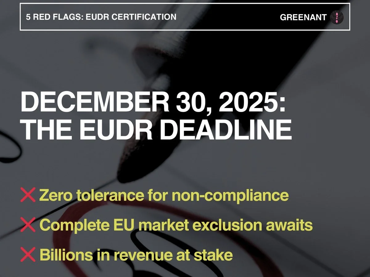 5 Red Flags Your EUDR Certification Partner Isn’t Ready for December 2025 — GreenAnt LinkedIn carousel on five warning signs an EUDR certification partner isn't ready.
