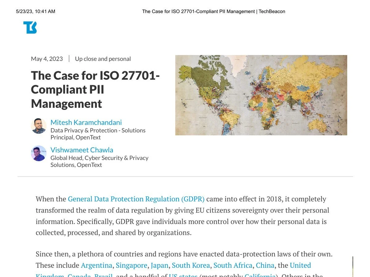 The Case for ISO 27701-Compliant PII Management — TechBeacon article making the business case for ISO 27701-compliant handling of personal data.
