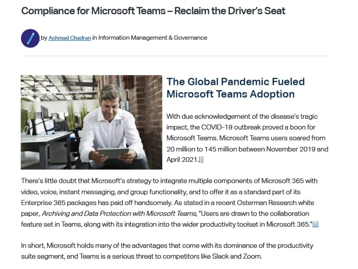 Compliance for Microsoft Teams – Reclaim the Driver’s Seat — Micro Focus blog post on archiving and compliance for Teams.