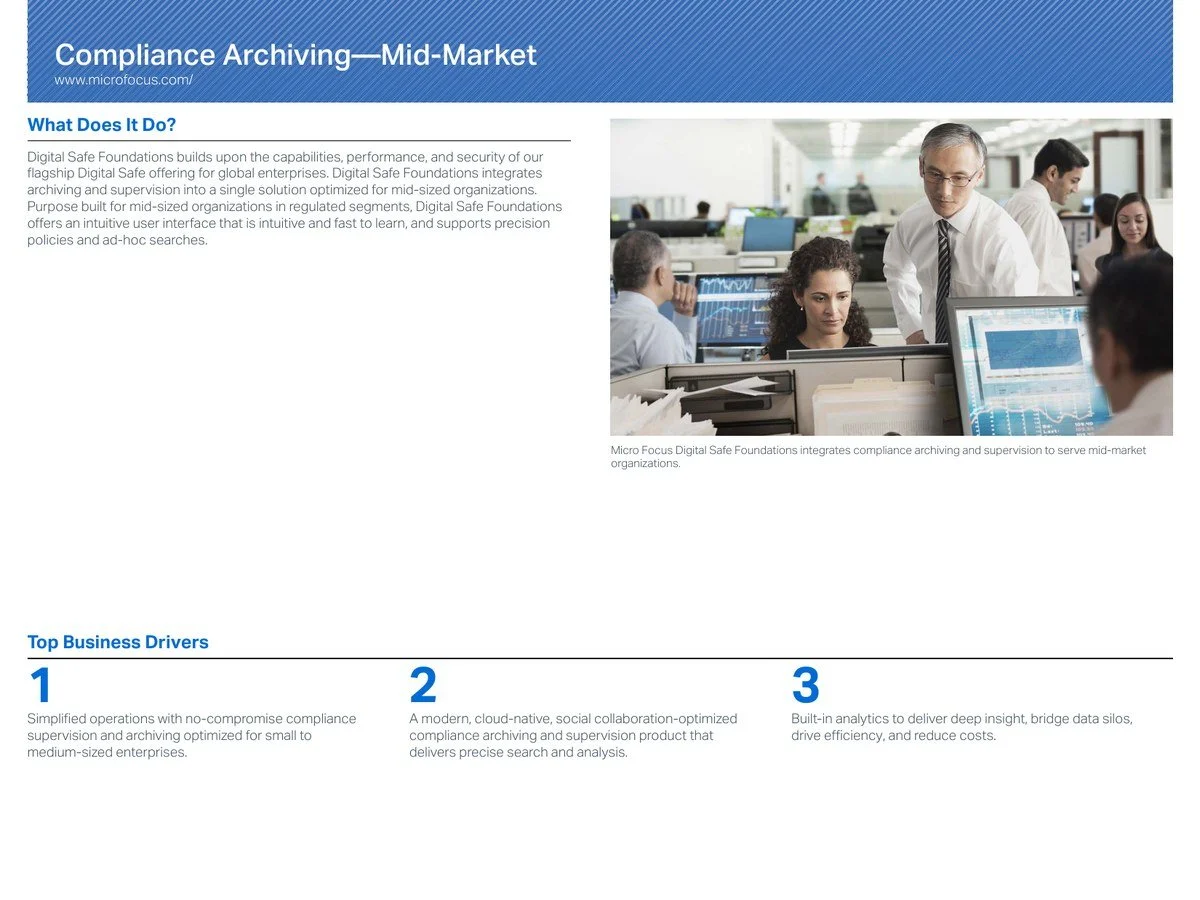 Sales Guide: Compliance Archiving for the Mid-Market — Micro Focus sales guide for a new mid-market compliance archiving offering.