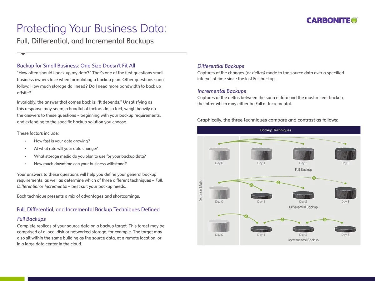 Full, Differential and Incremental Backup Techniques — Intronis white paper comparing full, differential and incremental backup strategies.