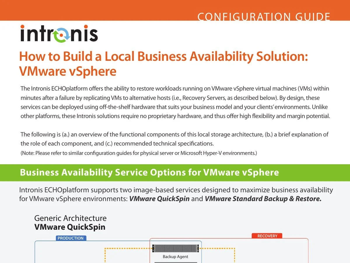 How to Build a Local Business Availability Solution: VMware vSphere — Intronis how-to guide for building a local business-availability solution on VMware vSphere.