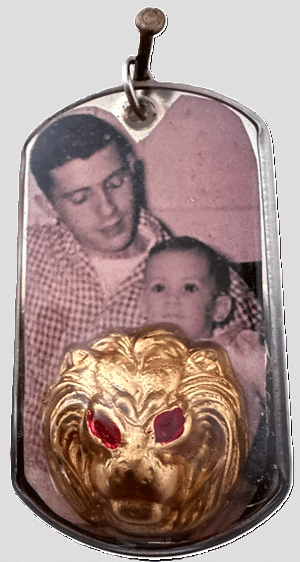 The original WickedTag proof of concept using a vintage photo of a father and son. A gold lion face charm with red eyes is built into to the tag.
