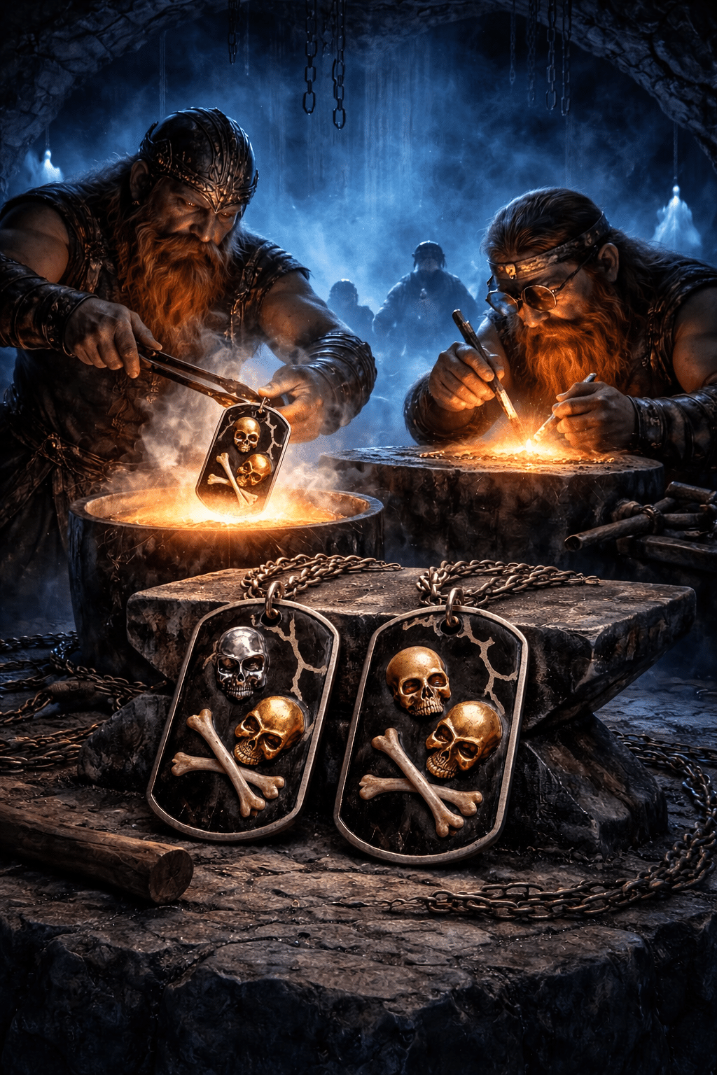 Sindri and Brokk, blacksmiths of Norse Mythology forge WickedTags with skull and bone designs in a dark, smoky ancient forge. WickedTag pendants with chains rest on the anvil.