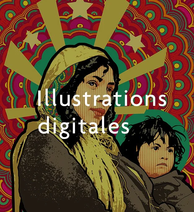 Digital illustration by JBC Urbanart of a gypsy woman and his baby with a vibrant, colorful, psychedelic background featuring stars and swirling patterns.