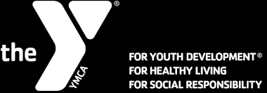 Black background with white YMCA logo and slogans for youth development, healthy living, and social responsibility.