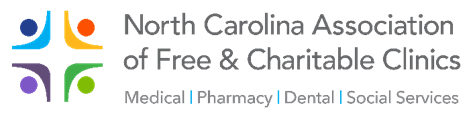 Logo of the North Carolina Association of Free & Charitable Clinics featuring a colorful abstract cross and the organization’s name with medical, pharmacy, dental, and social services listed.