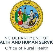 Seal of North Carolina with two figures holding a wreath and a staff, and text for the NC Department of Health and Human Services Office of Rural Health.