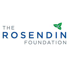 The logo of The Rosendin Foundation featuring the organization's name with a small green and blue leaf symbol