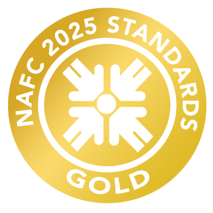 Gold-colored award badge with the NAFAF 2025 Stand Awards logo in the center, featuring a snowflake-like design