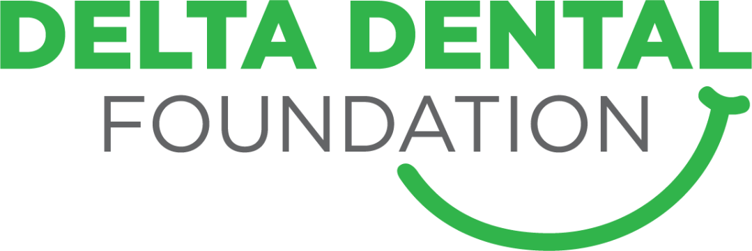 Logo of Delta Dental Foundation with green and gray text and a curved line resembling a smile.