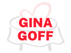 Text reading 'Gina Goff' in bold red letters over a white background with a faint pink bow design.