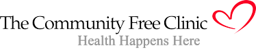 Logo of The Community Free Clinic with a red heart and the tagline 'Health Happens Here'.