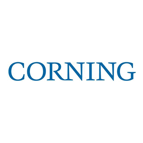 The logo of Corning with the company name in blue text.