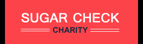 Red Sign with white text that reads 'SUGAR CHECK CHARITY'