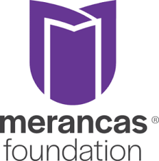 Merancas Foundation logo in purple and black with a stylized open book and shield design.