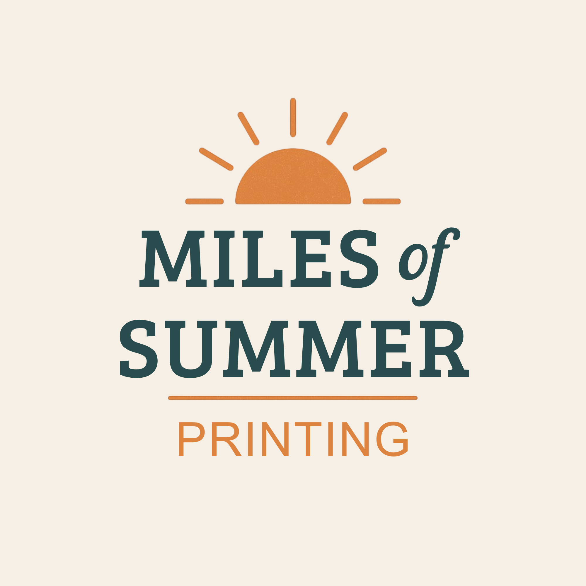 Logo for Miles of Summer Printing featuring a stylized sun with rays above the text.
