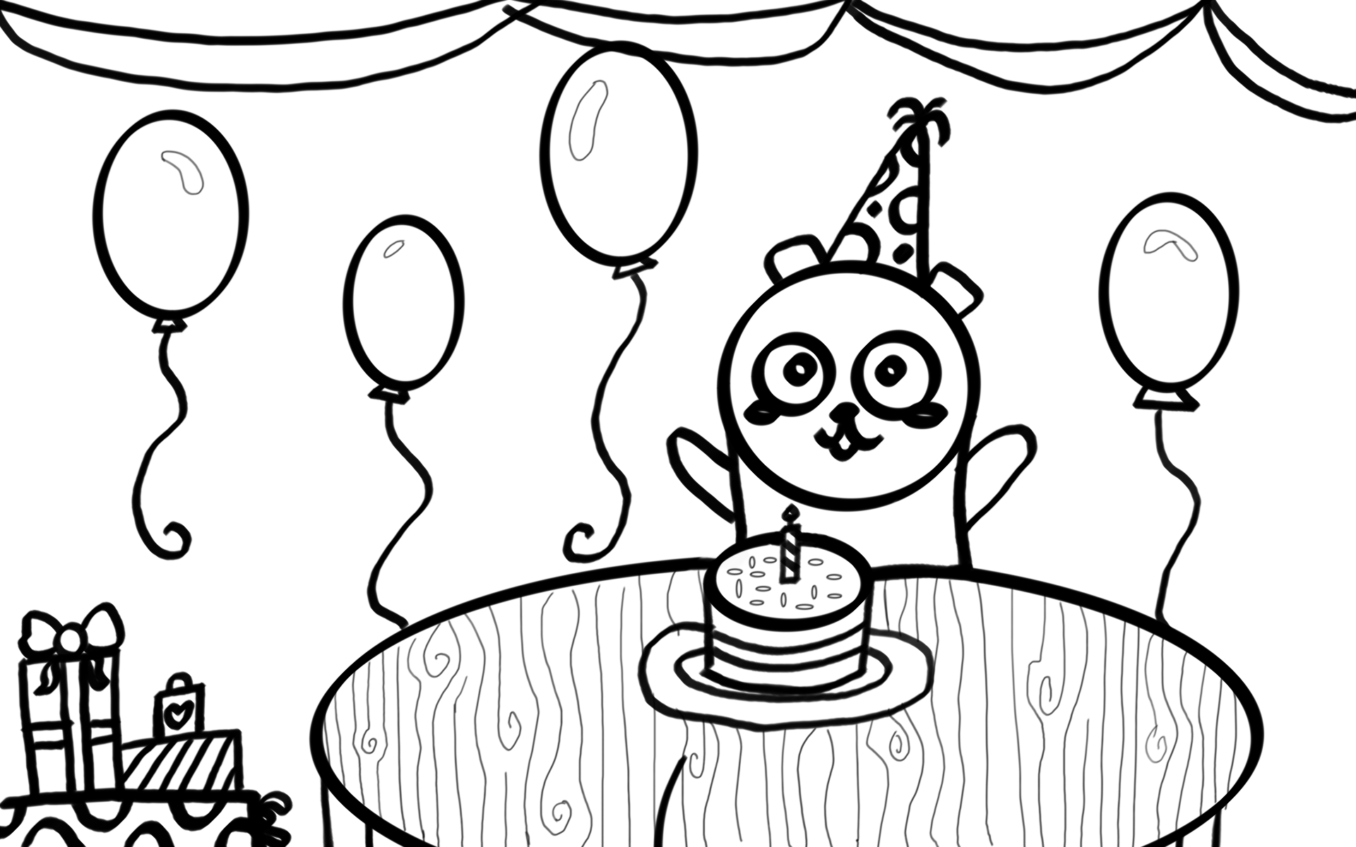 Black and white drawing of a panda wearing a party hat at a birthday celebration, sitting at a table with a birthday cake and four balloons surrounding it.