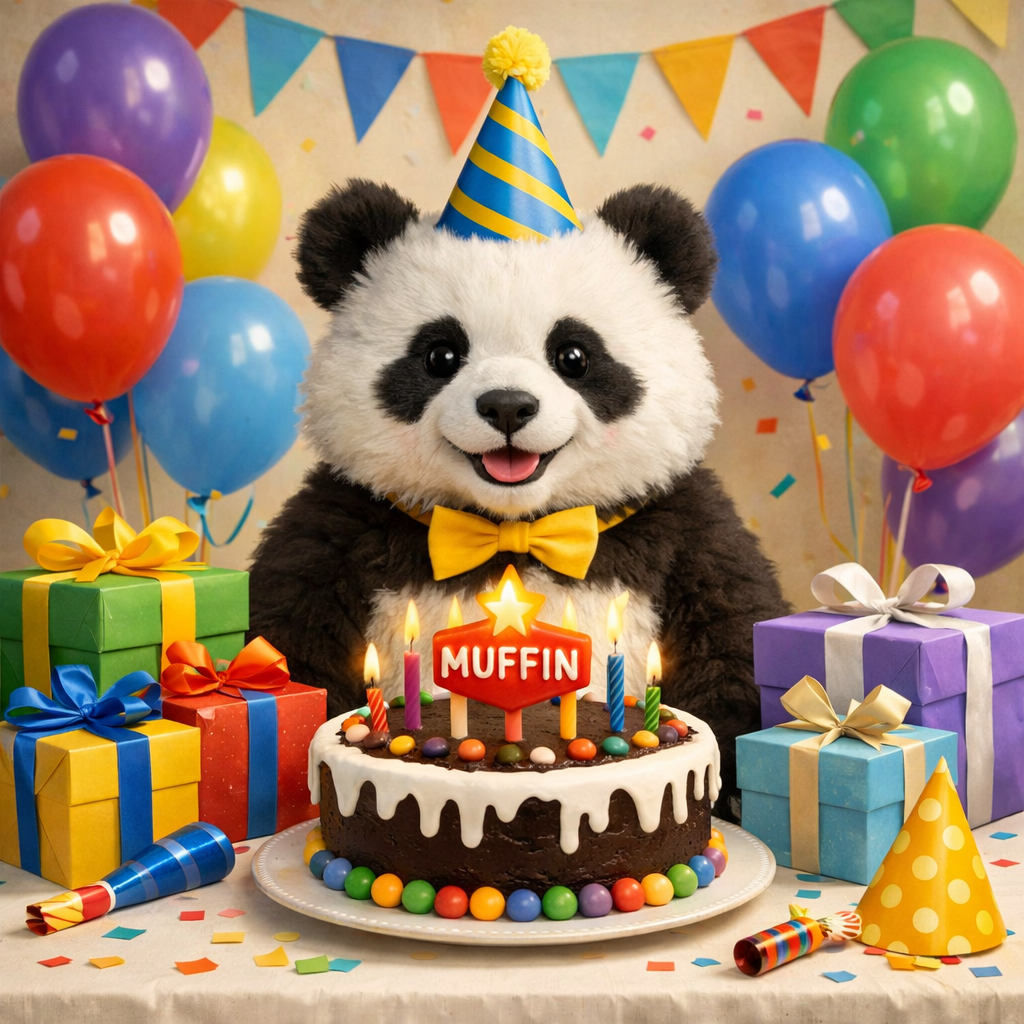 A panda dressed in a yellow bow tie and birthday hat sitting in front of a birthday cake with candles, surrounded by colorful balloons and wrapped presents, celebrating a birthday party.