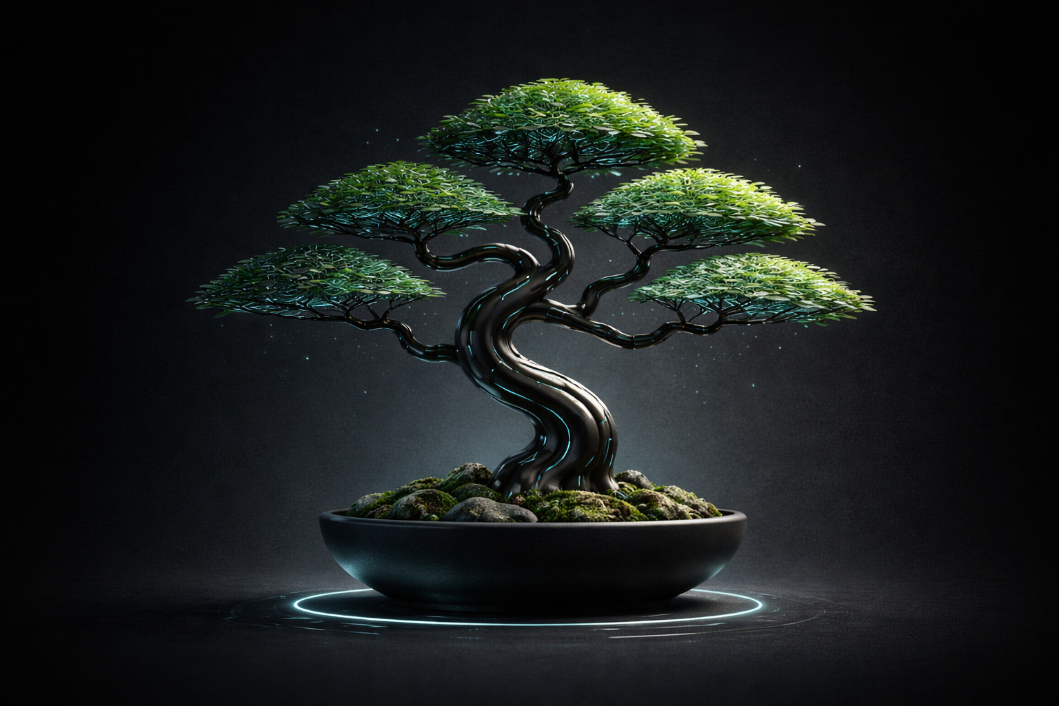 A digital art image of a bonsai tree with glowing highlights, in a dark, minimalist setting.