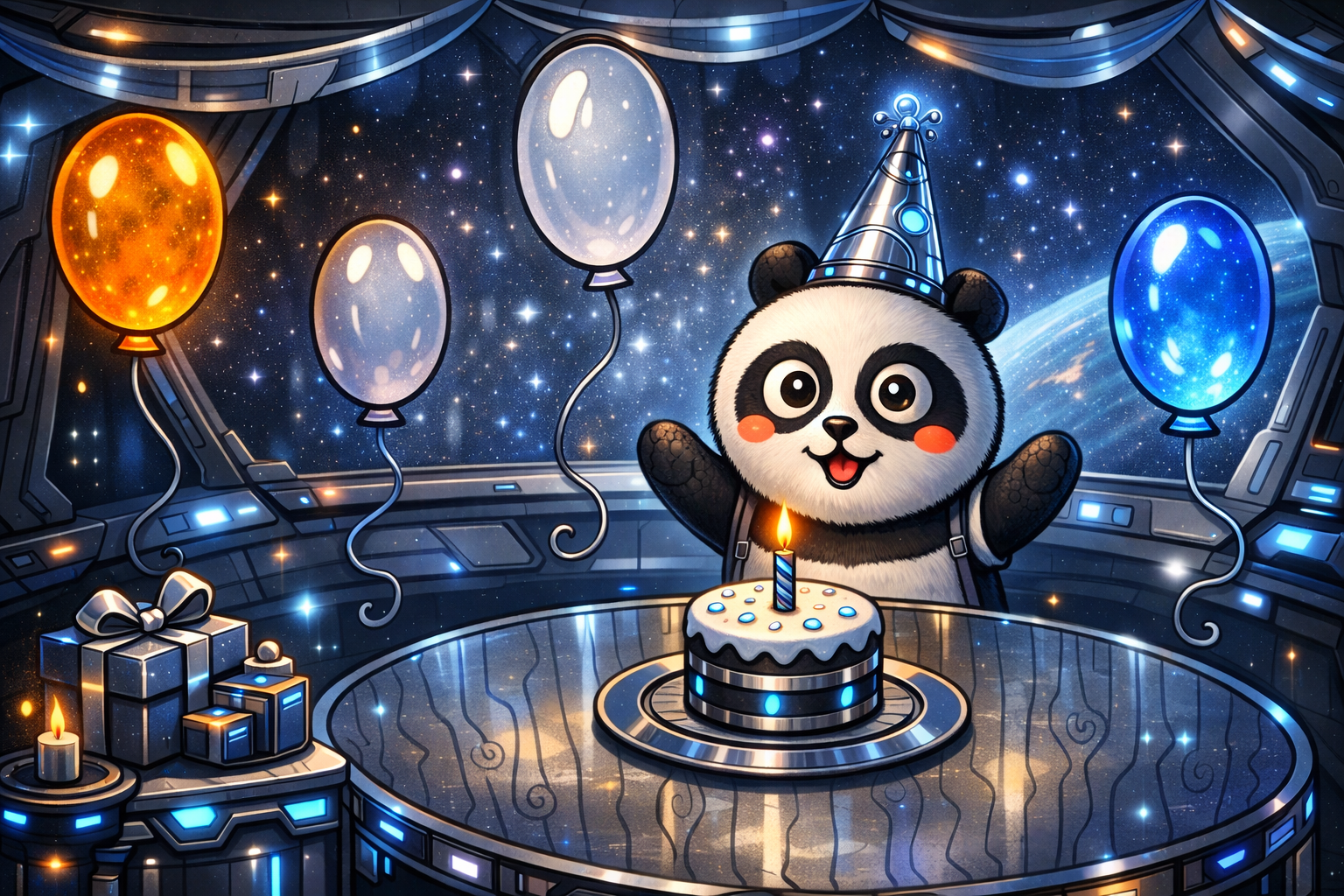A cute panda wearing a blue party hat celebrating a birthday with balloons, a lit candle, and presents inside a spaceship with a starry galaxy background.