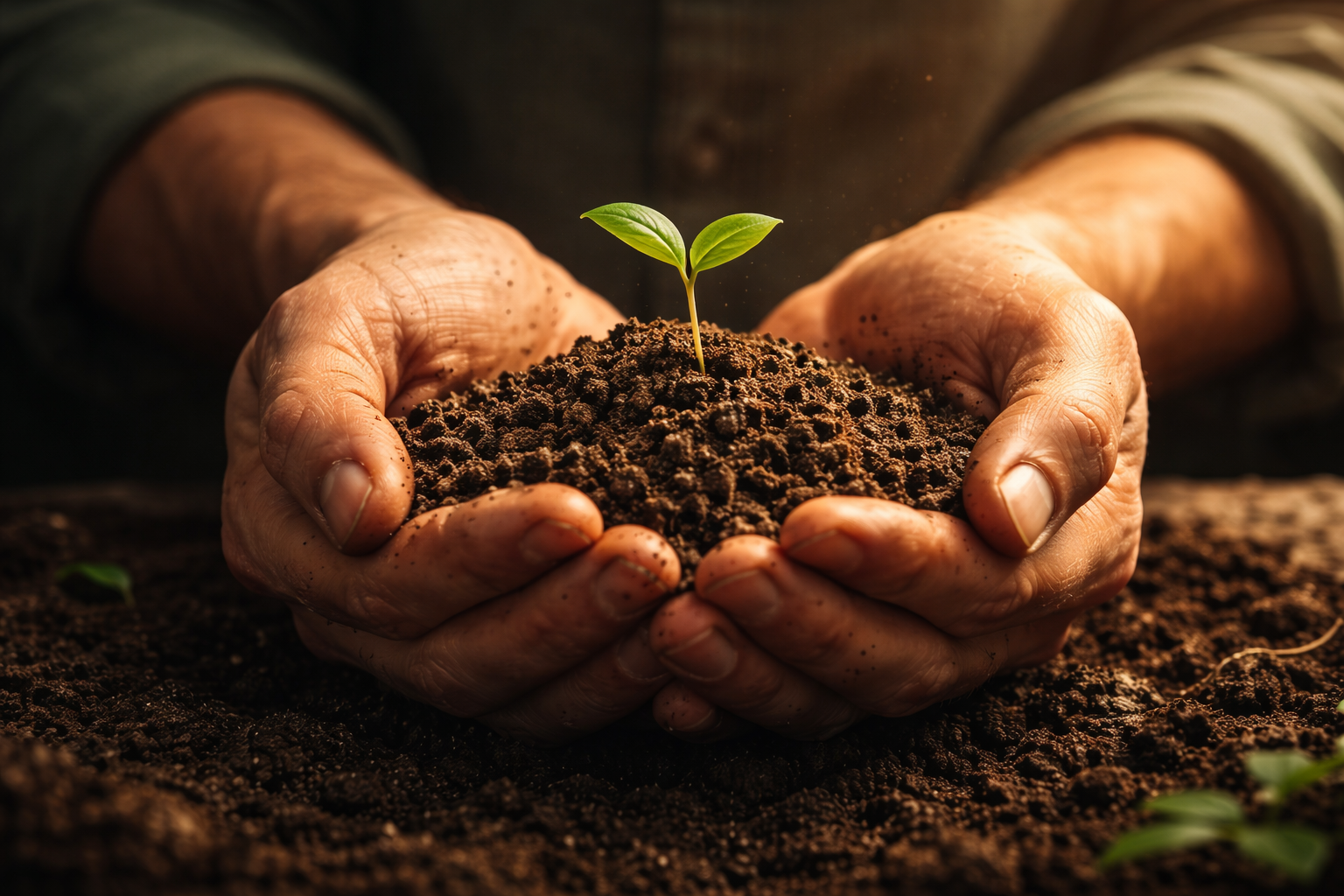 Close-up of two hands holding soil with a small green seedling growing out of it.