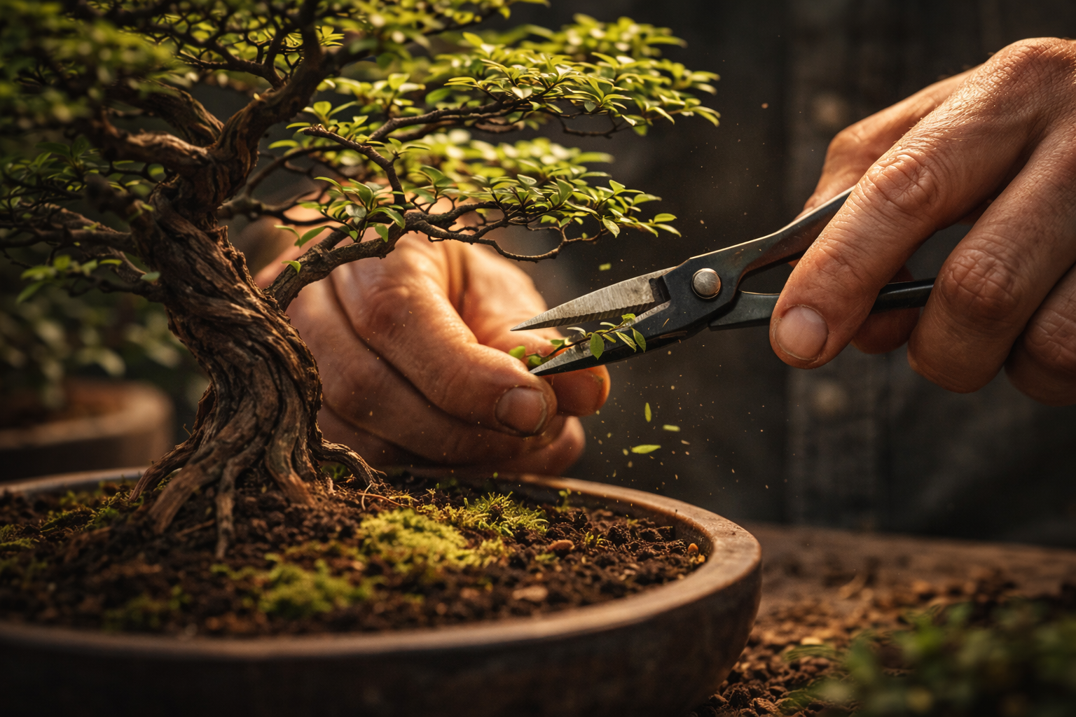 Hands trimming a bonsai tree with scissors in a pot.