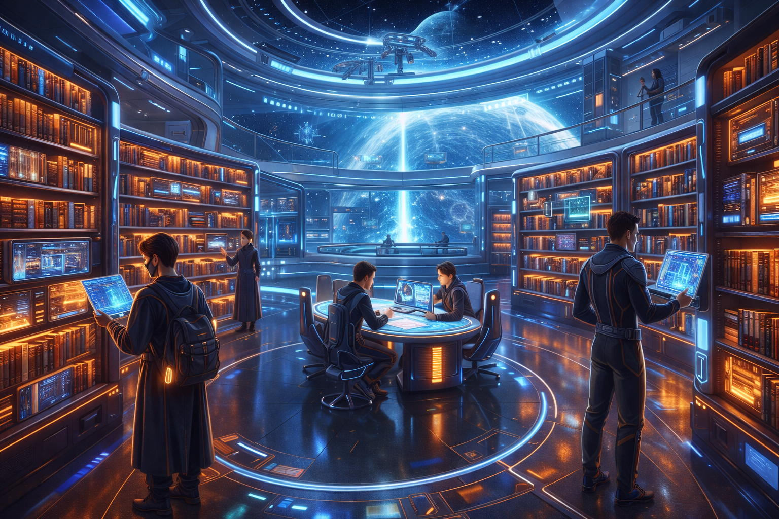 A futuristic library with glowing bookshelves, holographic screens, and people using digital devices inside a space station with a view of Earth and space through a large window.