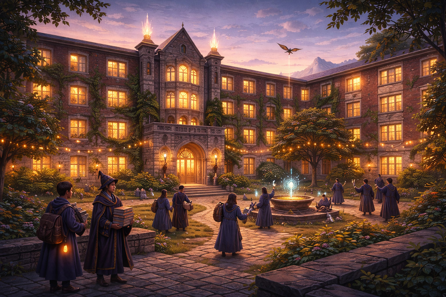 A magical scene at a wizarding school courtyard at sunset. Students in robes gather around a glowing fountain with floating lights, surrounded by a large stone building with illuminated windows and ivy-covered walls. A dragonfly hovers in the sky as mountains are visible in the background.